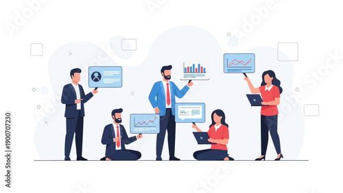 Business Team Analyzing Data and Charts on Screens, Teamwork Concept