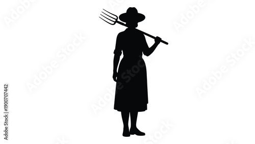 Silhouette of a farmer carrying a pitchfork over their shoulder facing forward