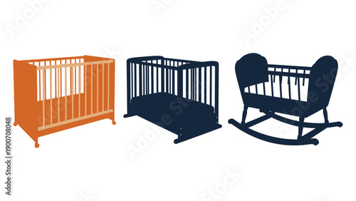 Three baby cribs and a rocking chair for nursery furniture