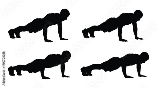 Four silhouettes demonstrating the stages of a push up exercise