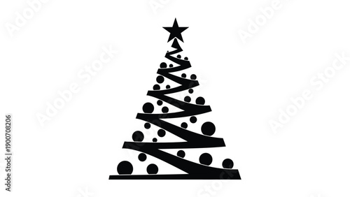 A minimalist black silhouette of a christmas tree with circular ornaments