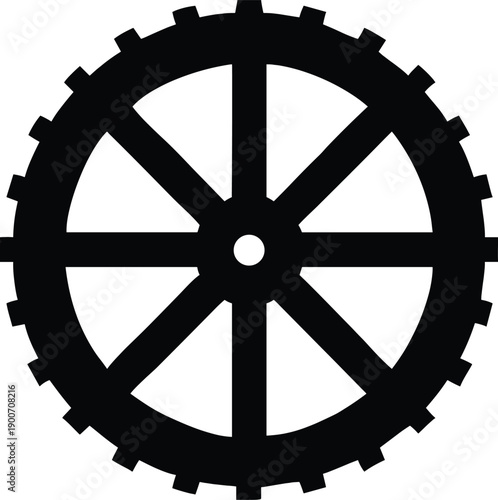 Black silhouette icon of a gear or cogwheel with eight spokes and a toothed outer edge, symbolizing mechanics or industry.