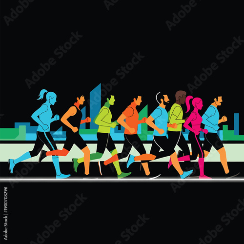 Diverse group of runners in colorful athletic wear on a city street.