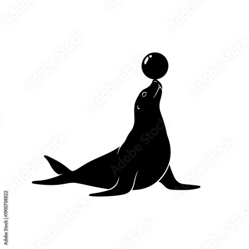 Circus Seal Silhouette Vector Icon - Balancing Ball Animal Black Shape Illustration Isolated on White Background for Entertainment Art