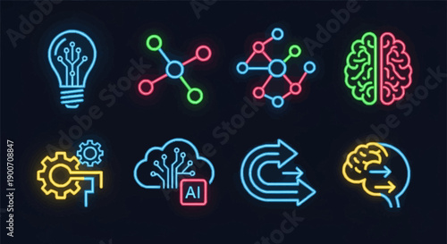 Collection of neon icons representing artificial intelligence, technology, and innovation with AI brain and circuits
