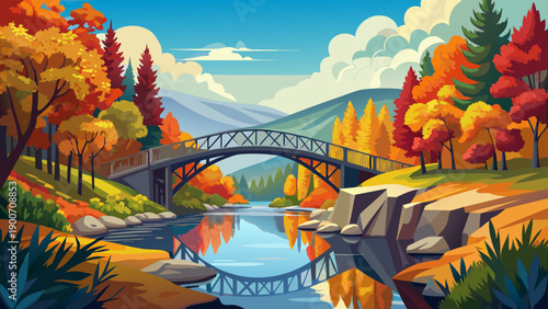 Very beautiful scenic view of a bridge in Chittenango State Park, New York, surrounded by lush greenery, autumn foliage, and reflective water under a bright blue sky.