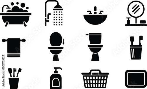 A diverse assortment of black silhouette icons representing common bathroom essentials and personal hygiene