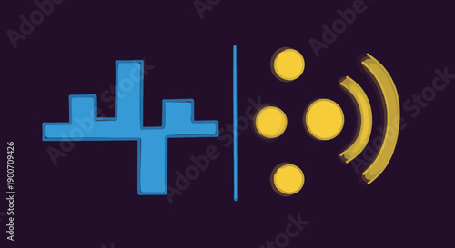 Abstract graphic illustration displays blue data visualization and yellow circles emitting wireless signals, symbolizing modern digital communication and technology.