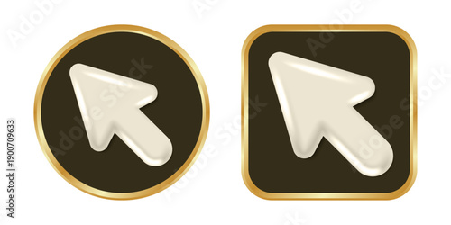 Glossy Arrow Cursor Icon Set in Gold Frame, Round and Square Button Style, Click Pointer Symbol for UI UX Design, Web Interface and Digital Navigation Vector Illustration