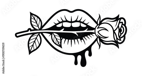 Stylized black and white illustration of lips biting a rose stem with dripping liquid isolated on transparent background