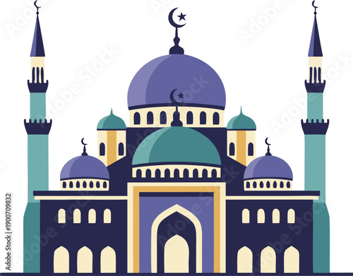 Islamic Mosque with Minarets and Dome Flat Vector Illustration