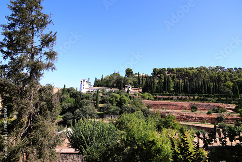 View of the Generalife, the summer palace and country estate of the Nasrid sultans of Granada in the Alhambra, Granada, Andalusia, Spain            