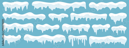 White snow caps or snowdrifts. Icy heaps. Frost weather. Winter decorations with icicles. New year snowcap. Frozen seasonal horizontal vector elements set elements on transparent background