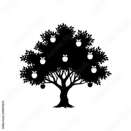 Apple Tree Silhouette with Fruit Vector Illustration Isolated on White Background - Orchard Plant Icon for Nature Design