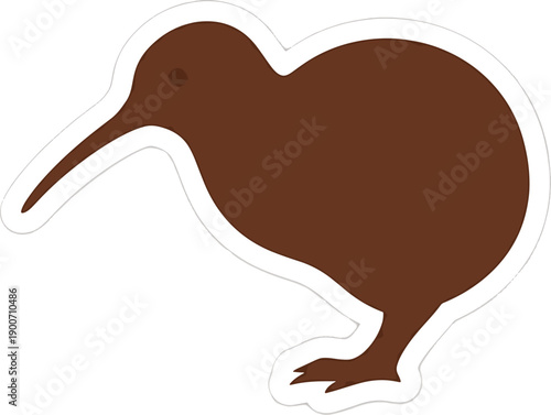 Brown Kiwi Bird Silhouette Isolated on White Background.