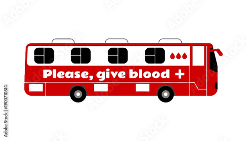 A red and white blood donation bus with a call to action