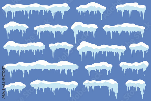 A set of snow caps, snowballs, and snowdrifts. Vector collection of snow caps. Snow elements on a winter background