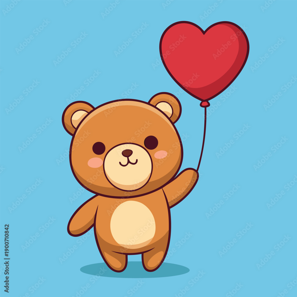 Obraz premium Cute Cartoon Bear Holding a Heart-Shaped Balloon for Valentine's Day