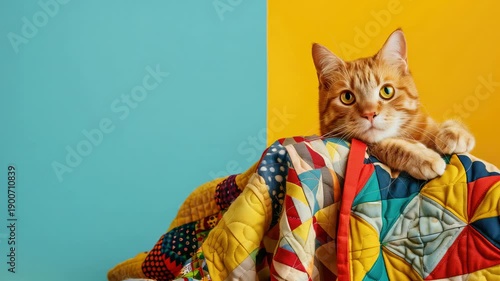 Orange tabby cat rests on colorful quilt with blue and yellow background, looking curious