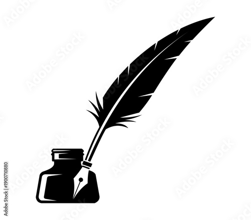 Black silhouette of a quill pen in an inkwell on white background