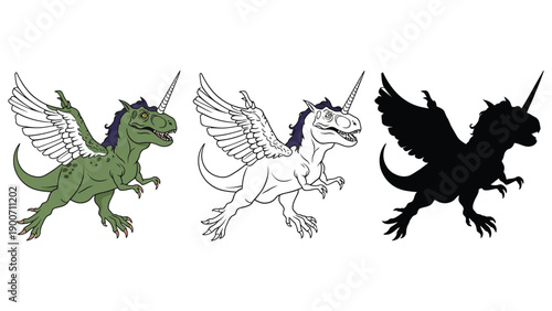 A colorful illustration of three winged unicorn dinosaurs in different styles