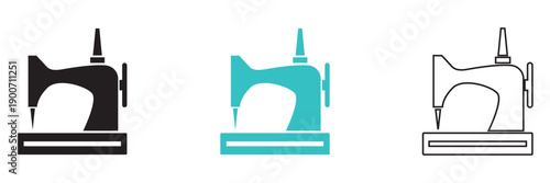 Sewing Machine Icon Set Collection. Clean vector illustration of sewing machine icons in solid, colored, and outline styles, representing tailoring, handmade crafts, and textile production concepts.

