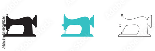 Sewing Machine Icon Set Collection. Clean vector illustration of sewing machine icons in solid, colored, and outline styles, representing tailoring, handmade crafts, and textile production concepts.

