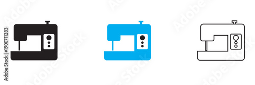 Sewing Machine Icon Set Collection. Clean vector illustration of sewing machine icons in solid, colored, and outline styles, representing tailoring, handmade crafts, and textile production concepts.

