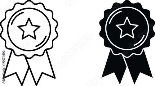 Vector, black, silhouette, and, outline, illustration, of, a, winner, award, ribbon, medal, with, star, for, success, quality, achievement, first, place, and, reward, design