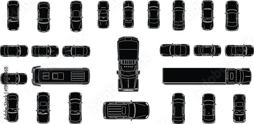 Vector, black, silhouette, and, outline, illustration, set, of, various, cars, trucks, and, bus, from, top, view, for, parking, traffic, urban, planning, and, transport, desigvv