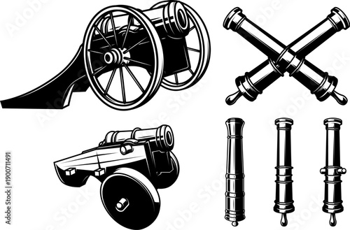 A black and white vector set featuring a field cannon on wheels, a fortress cannon, crossed artillery barrels, and individual gun tubes. Detailed historical weapon art.