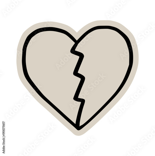 Broken heart crack scrapbook, doodle, sticker, collage, icon: hand drawn illustration of split love shape for divorce, breakup, sadness, end, pain, mental health, emotional, crisis, problem