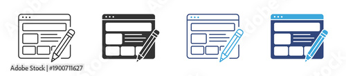 Website Editor Icon Set. Web Page Layout with Pencil Symbols. Content Creation and UI Design Concept. Vector Illustration.