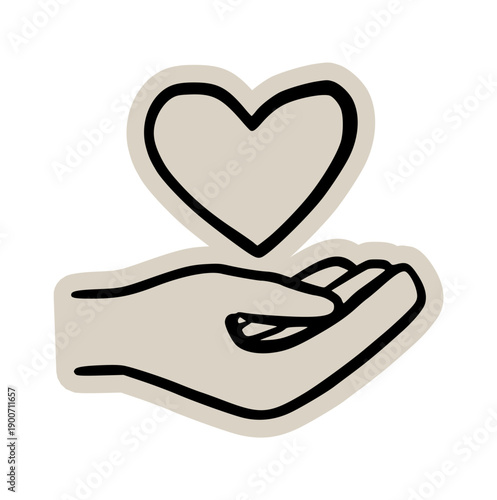 Hand giving heart scrapbook, doodle, sticker, collage, icon: hand drawn illustration of sharing love for charity, kindness, support, care, donation, valentine, help, volunteer, friendship