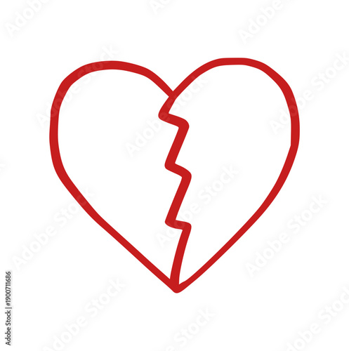 broken heart doodle with jagged crack, minimalist crayon line art illustration for heartbreak, divorce, sadness, relationship breakup, and emotional pain concept isolated on white