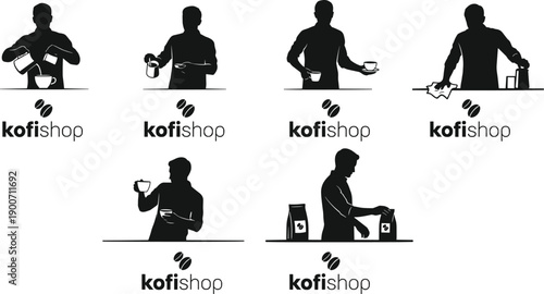 Vector, black, silhouette, illustration, set, of, various, barista, poses, making, pouring, and, serving, coffee, for, cafe, coffeehouse, kofishop, logo, brand, and, beverage, service, design