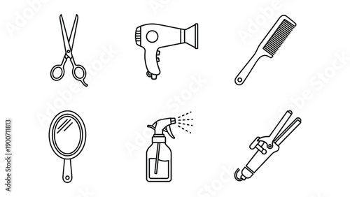 A set of black and white line drawings of hairdressing tools