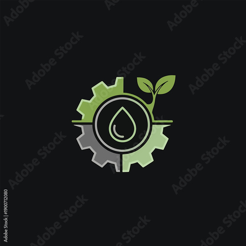 Eco-friendly industrial gear with water drop and plant.