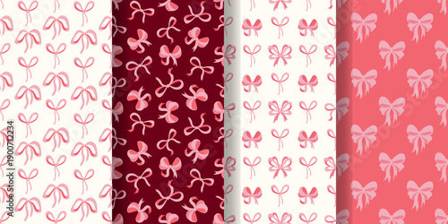 Tied ribbons in bows seamless pattern set. Delicate backgrounds with satin bows in yoke style. Girly, vulnerable, cute prints for textiles, packaging, paper, design, vector graphics