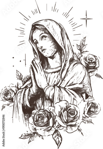 Praying virgin mary surrounded by roses silhouette vector illustration
