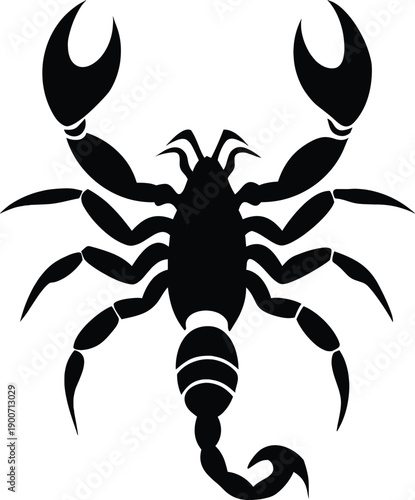 Detailed black silhouette of a scorpion, showcasing its pincers, segmented body, and curved tail with stinger.