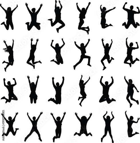 Black flat vector silhouettes of people jumping in different poses expressing happiness joy freedom energy celebration success and positive lifestyle
