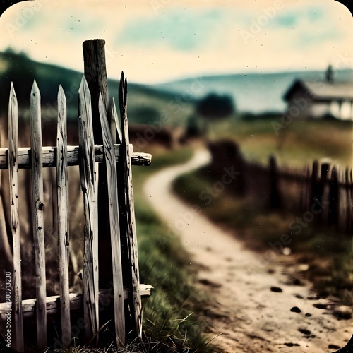 Vintage Daguerreotype Style Landscape with Wooden Picket Fence and Winding Dirt Path
