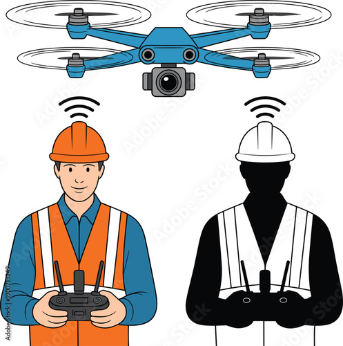Drone operator controlling quadcopter illustration, construction inspection technology, professional pilot using remote controller, industrial aerial survey flat vector design concept