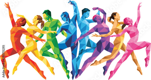 Colorful polygon dancers illustration, modern abstract ballet movement, dynamic human figures, artistic low poly dance, vibrant creative flat vector illustration