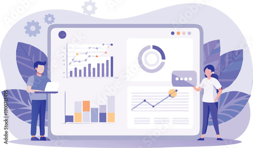 Vector illustration of two people presenting data analysis on a large screen with graphs and charts, for presentation or website, isolated on white background