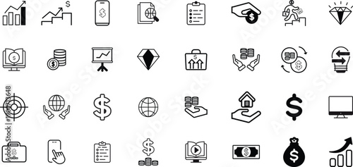 Money and finance icons with banking, payments, savings, investment and income concepts. Black filled symbols for financial apps, fintech, business dashboards, accounting and corporate projects.