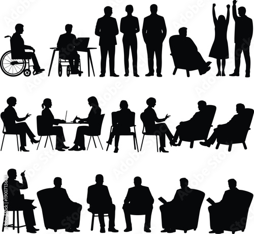 Inclusive people silhouettes with wheelchair users, business professionals and therapy sessions, diversity and accessibility flat vector illustration set