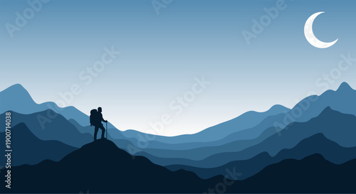 Hiker Silhouette Standing on Mountain Peak Under Crescent Moon at Night