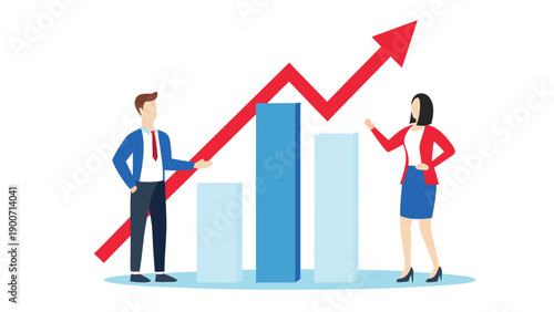Vector illustration of business people standing next to growing bar chart with red rising arrow, for presentation or website, Isolated on transparent background, png
